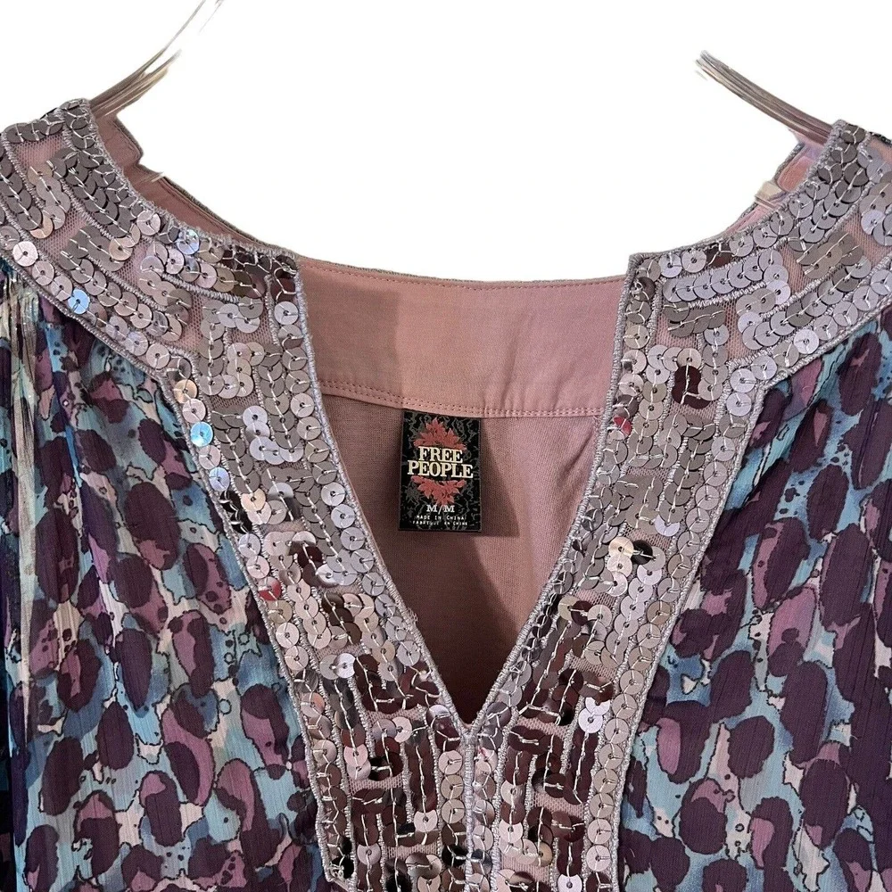 🌵 Free People Purple Blue Silver Sequins Neckline Flowy Dress with Under Dress